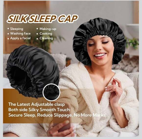 Silk Satin Sleep Bonnet - Black Night Cap for Hair‎ Protection - Picture 7 of 9